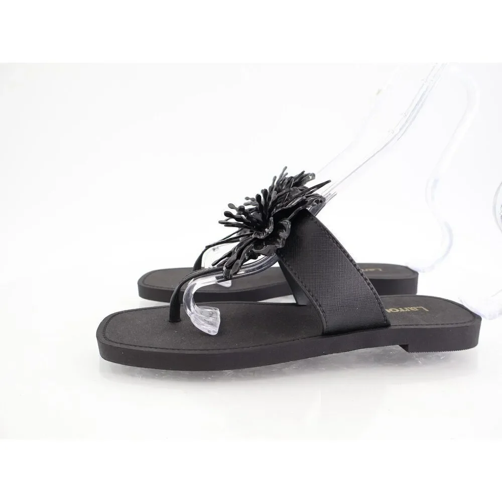 Larroude Hibiscus Sandals Slide Thong Size 6/7 Black Slip On Rubber Beach
